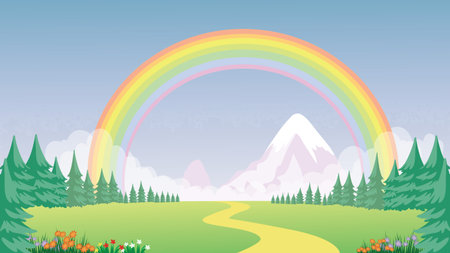 Beautiful Rainbow Over Green Meadowのイラスト素材