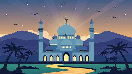 Illuminated Blue Mosque Beneath Desert Twilightのイラスト素材