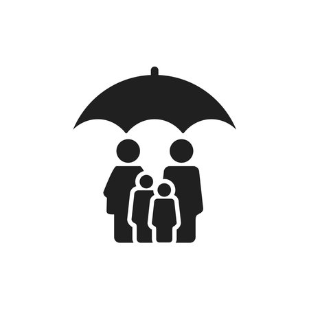 Family under umbrella icon in flat style. Family protection vector illustration on white isolated background. Family insurance business concept.のイラスト素材