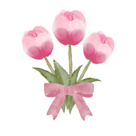 Watercolor tulip bouquet. Shades of pink and red from the tulips.のイラスト素材