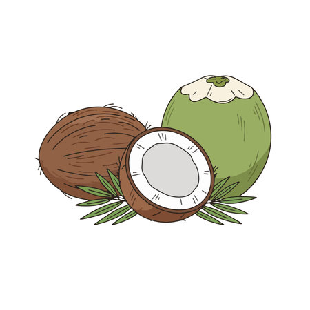 Flat 2D illustration of a whole young coconut, coconut split in half on a white backgroundのイラスト素材