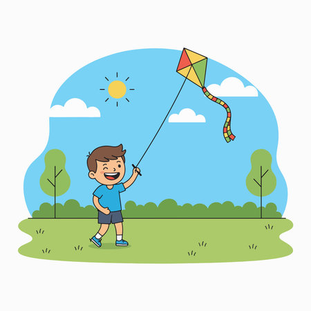 Illustration of Boy Flying Kite in Parkのイラスト素材