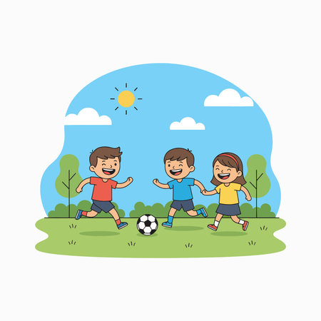 Cartoon Children Playing Soccer Outdoorsのイラスト素材