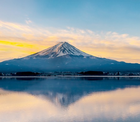 Mount Fuji from Lake in morning sunの写真素材