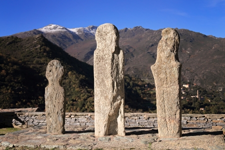 Three ancient Menhirs at Pieve in the Nebbiu region of Corsicaの写真素材