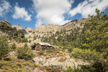 PAGLIA ORBA, NEAR ALBERTACCE, CORSICA - JULY 2017. Bergerie de Ballone at Paglia Orba on the GR20 trail in Corsicaのeditorial素材
