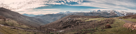 Panoramic view from Col de San Colombano of the Asco mountains and a snow covered Monte Padru in the...