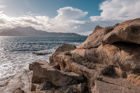 The rocky coastline of Corsica with the citadel of Calviの写真素材