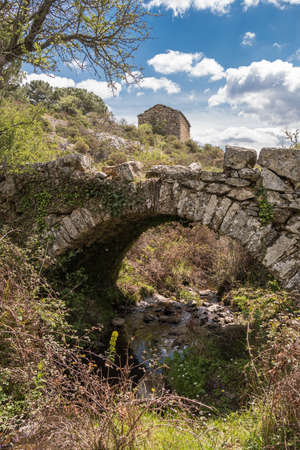 A small Genoise bridge over a stream in the Balagne region of Corsica with an ancient stone farm building in the distanceの写真素材