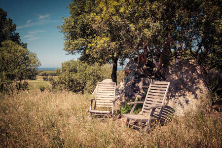 Two wooden garden chairs sitting under some trees by a rock in a meadow overlooking a vineyard and Mediterranean sea in Corsicaの写真素材