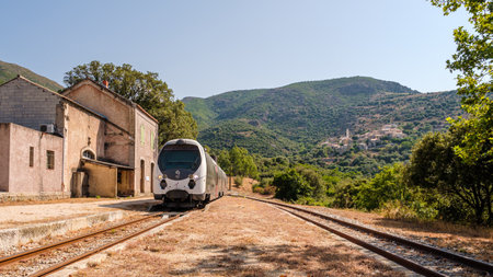 Palasca, Corsica, France - 28th July 2021: A train passes through the derelict station at Palasca in the Balagne region of Corsicaのeditorial素材