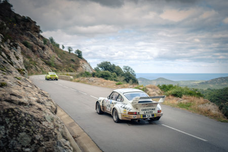 Occhiatana, Corsica, France - 7th October 2021: Nicolas Leroy-Fleuriot and Adrien Audibert compete in their Porsche Carrera 911 RSR in the 2021 Tour de Corse Historiqueのeditorial素材