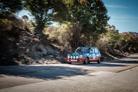 Novella, Corsica, France - 7th October 2022: Jean-Pierre Verneuil and Elisa-Noemie Laurent compete in their Renault R5 Alpine in the 2022 Tour de Corse Historique.のeditorial素材