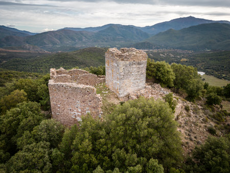 Aerial view of the ruins of Castellu di Seravalle, a military fortress built in the 11th century on a hilltop near the village of Popolasca in Corsicaのeditorial素材