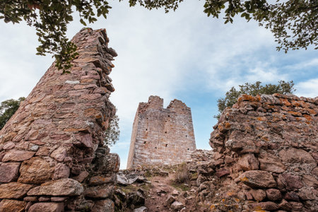 The ruins of Castellu di Seravalle, a military fortress built in the 11th century on a hilltop near the village of Popolasca in Corsicaのeditorial素材
