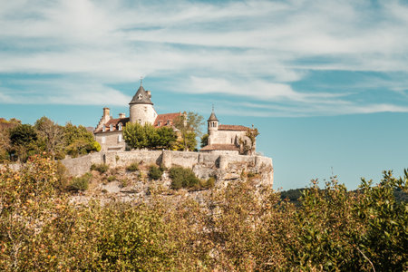 Belcastel, Lot, France - 16th September 2023: Dating back to the 10th century, Chateau de Belcastel stands 55 metres above the Dordogne river in the Lot region of France.のeditorial素材