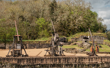 Castelnaud-la-Chapelle, Nouvelle-Aquitaine, France - 3rd April 2024: Siege weapons used in the...