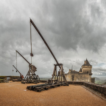 Castelnaud-la-Chapelle, Nouvelle-Aquitaine, France - 3rd April 2024: Siege weapons used in the...