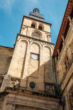 View looking up the clock tower of the Cathedrale Saint-Sacerdos in Sarlat-la-Caneda in the Dordogne...