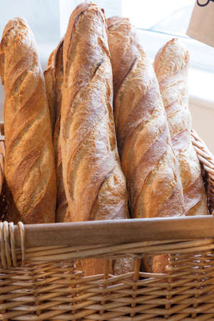 Basket of freshly baked baguettes in bakery