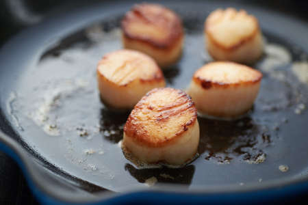 Cooking Fresh Scallops Food Backgroundの写真素材
