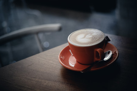 Cappuccino Coffee Cup in Cafe Food Backgroundの写真素材