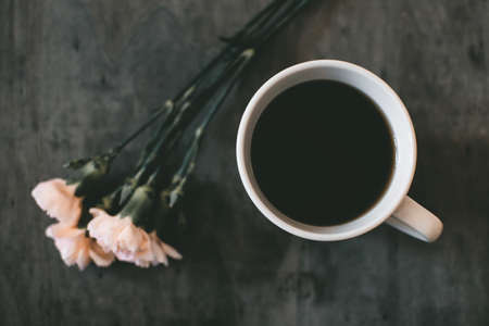 Black Coffee and Flowers Food Backgroundの写真素材