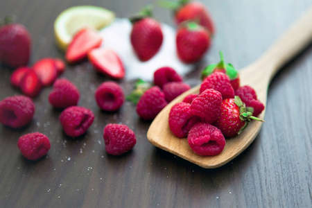 Raspberries Fruits on Spoon Food Backgroundの写真素材