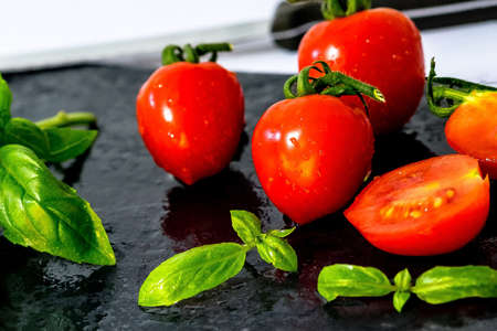 Tomatoes on Board Food Backgroundの写真素材