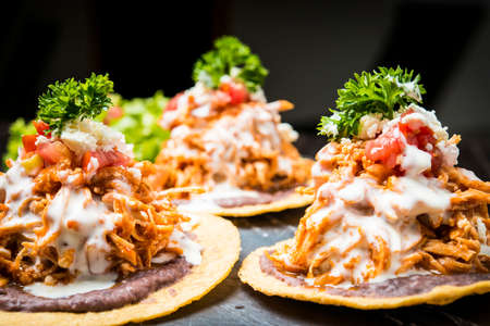 Hard shell Nachos with pulled pork and sauceの写真素材