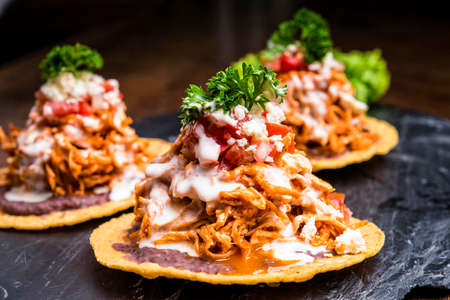 Hard shell Nachos with pulled pork and sauceの写真素材