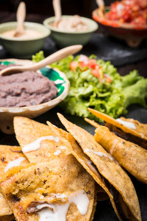 Enchiladas with mexican dips in backgroundの写真素材