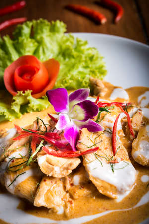 close up of Thai dry curry with chicken and chiliの写真素材
