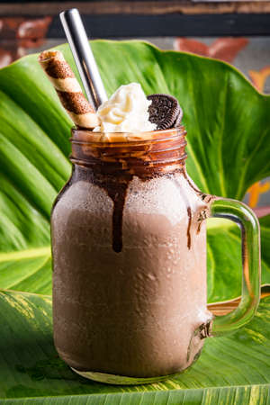 iced coffee drink with creme and cookie with tropical green leaf as backgroundの写真素材