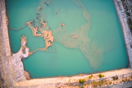 This unique photo shows the islands and structure of a reservoir in Hua Hin Thailand from above. The...