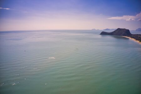 This unique photo shows the beach of Paknampran and the sea, the Gulf of Thailand and a rock formation on a summer day. The picture is a drone photo!の写真素材