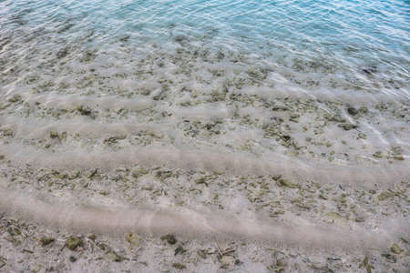 This image shows a view through the crystal clear sea water on the sandy bottom of the beach with gentle waves. The picture was taken in the Maldivesの写真素材