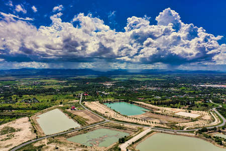 This unique photo shows the islands and structure of a reservoir in Hua Hin Thailand from above. The...