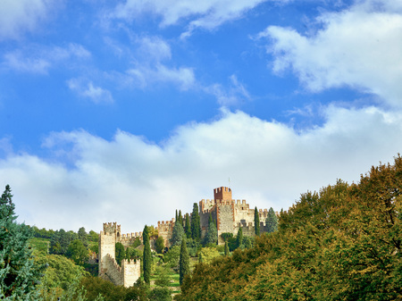 View of Soave Italy surrounded by vineyards that produce one of the most appreciated Italian white wines, and its famous medieval castle.のeditorial素材