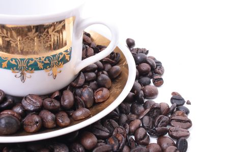 fresh cup of coffea with coffea seedsの写真素材