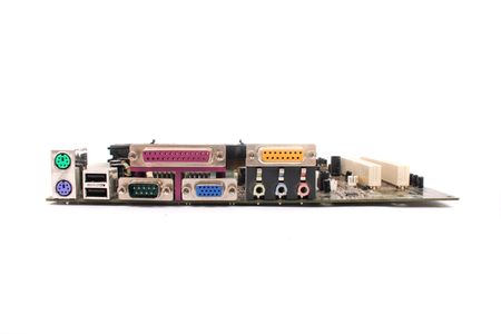 motherboard with color connectors on the white backgroundの写真素材