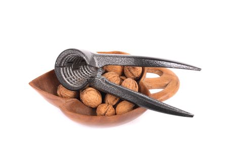 nutcracker and nuts on the white backgroundの写真素材