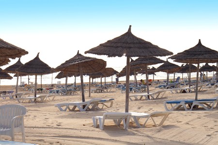 very nice beach in tunisia (djerba) in the morningの写真素材