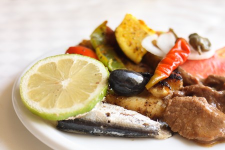 gourmet food with fishes fruits and  vegetableの写真素材