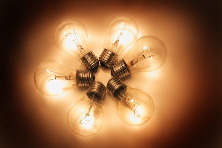 six light bulbs in the dark nightの写真素材