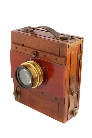 old wooden photo camera isolated on the white backgroundの写真素材