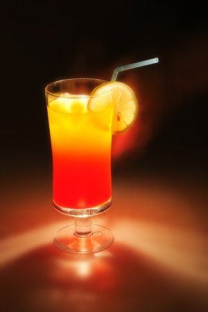 fresch orange and lemon drink in the dark nightの写真素材
