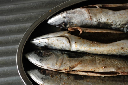 macrela fishes are being prepared for grillの写真素材