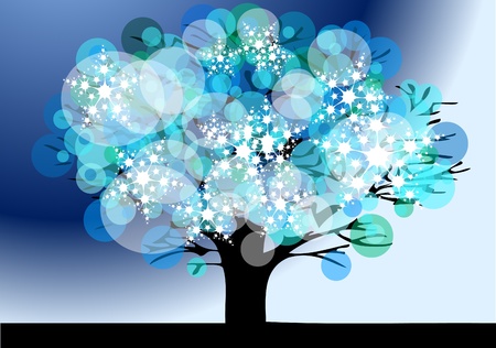 winter tree with snow flakes on the blue backgroundのイラスト素材