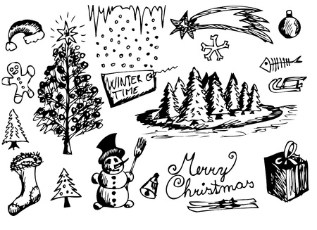 hand drawn christmas objects isolated on the white backgroundのイラスト素材